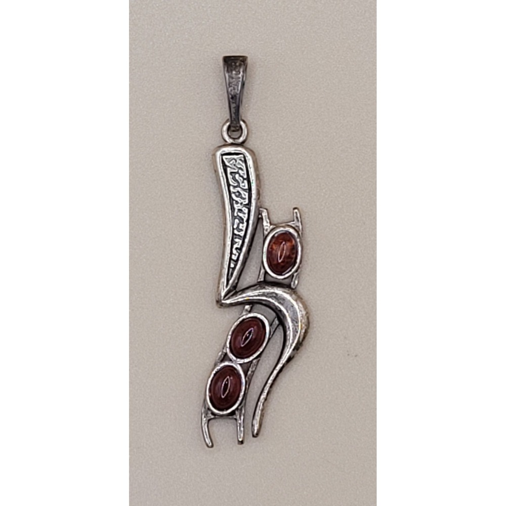 Vintage Sterling Silver 925 Abstract Cat Pendant Cognac Amber Gemstones